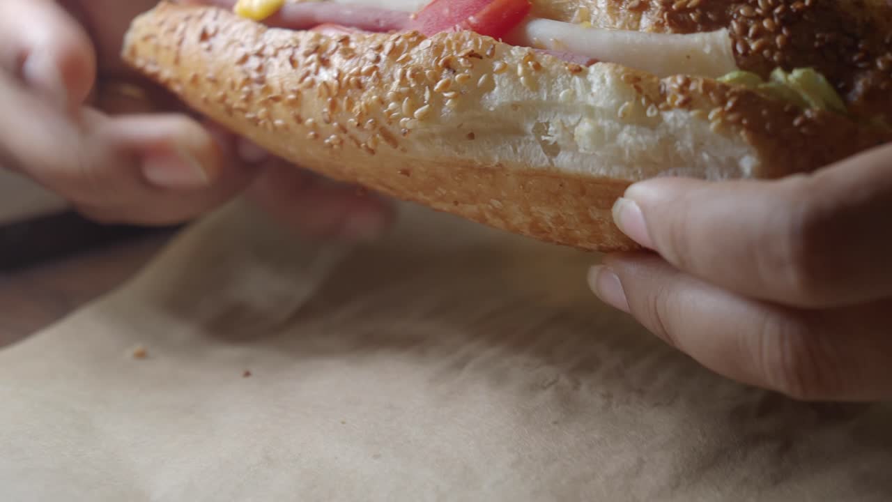 Close-up of a sesame seed baguette sandwich