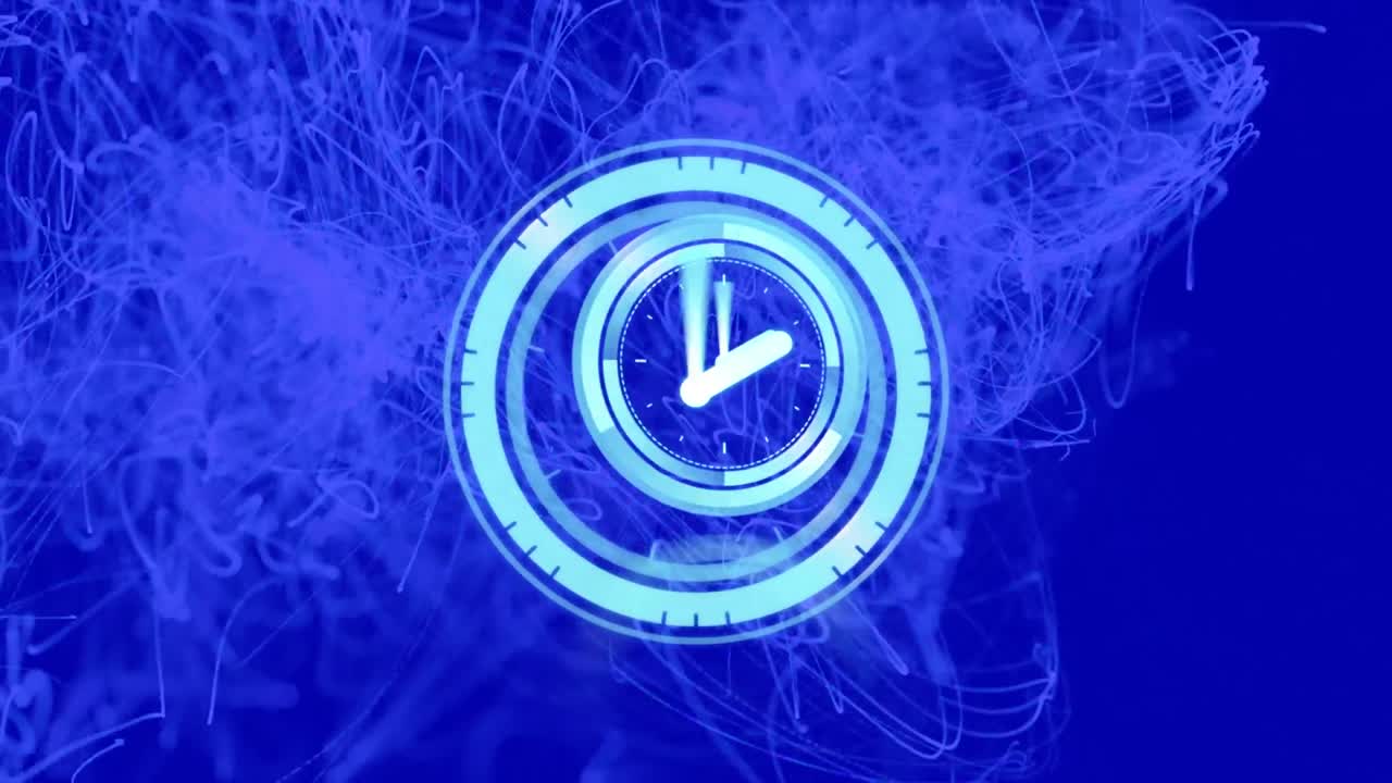 Animation of moving clocks over light spots on blue background