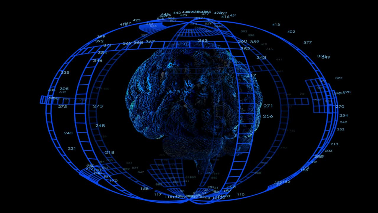 un concepto futurista de escaneo y monitoreo de información del cerebro humano a medida que gira 360 grados - bucle sin costuras