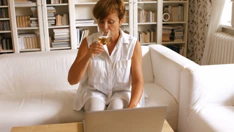 mujer mayor usando computadora portátil mientras tiene vino en la sala de estar