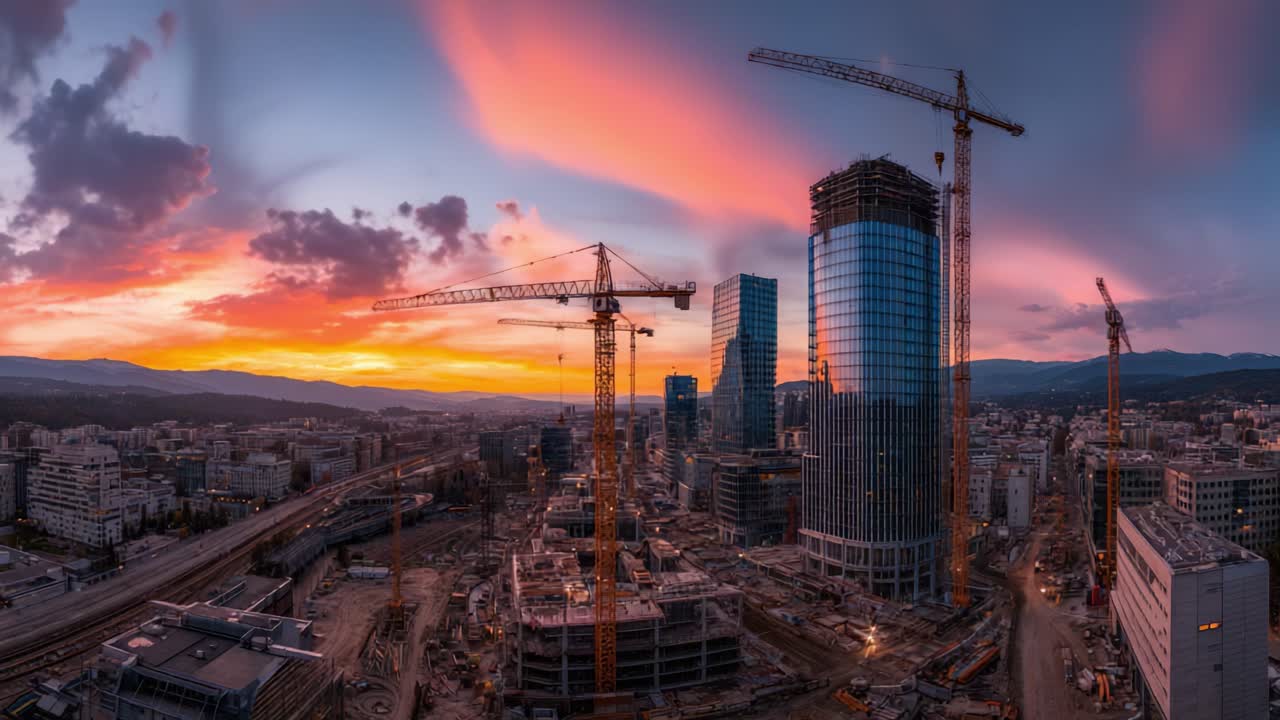 Una transformación asombrosa: Capturando el horizonte cambiante de una ciudad moderna al atardecer con grúas torre y desarrollo urbano en curso