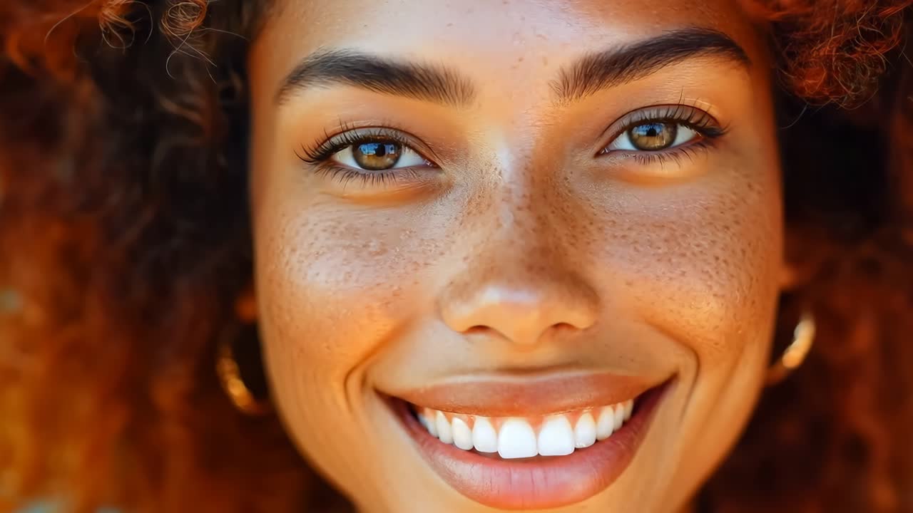 Uma mulher com sardas sorri para a câmera