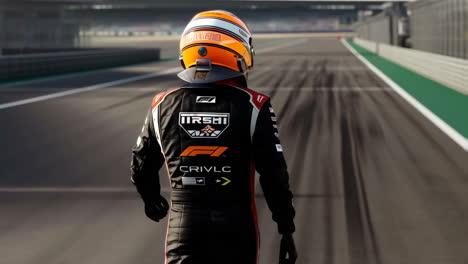 a person in a racing suit and helmet walking on a race track