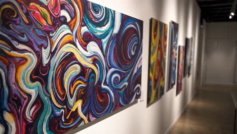 vibrant abstract paintings in an art gallery