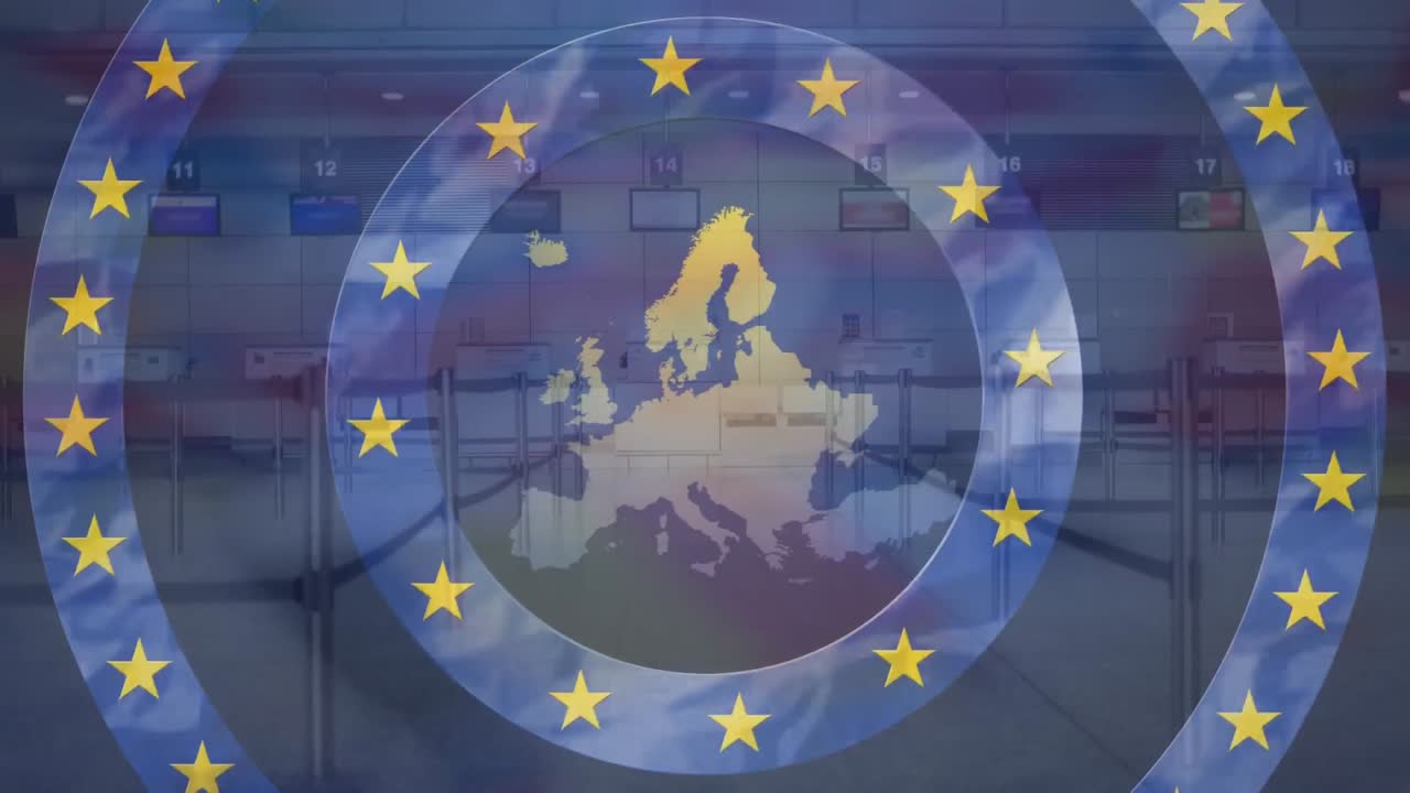 Stelle gialle su cerchi blu in movimento sopra una mappa dell'UE su sfondo di aeroporto vuoto