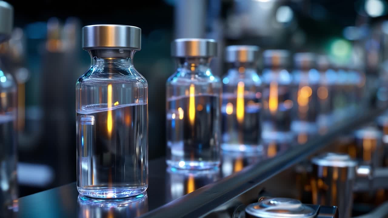 Een rij glimmende glazen flesjes, verlicht door subtiele lichtjes op een moderne productielijn, toont precisie en vakmanschap in flesontwerp en helderheid.