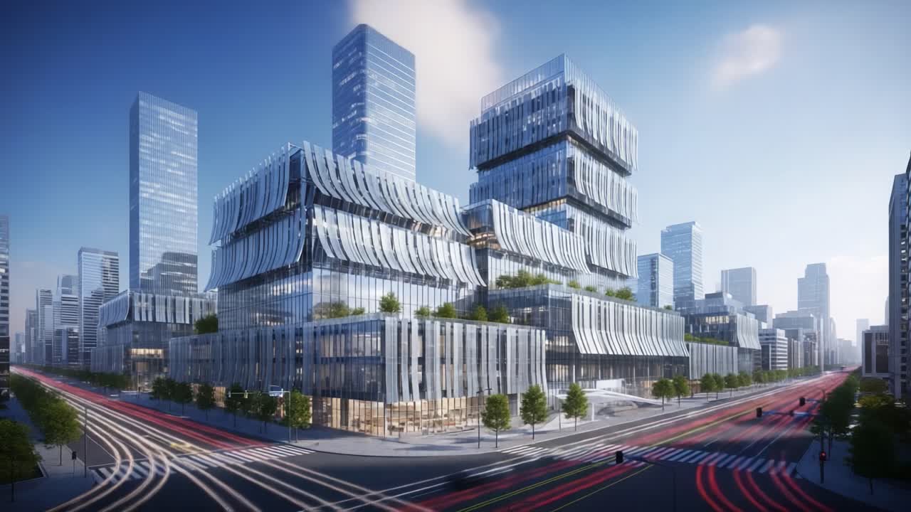Et imponerende arkitektonisk mesterværk: Moderne skyskrabere omgivet af byliv og dynamisk trafik i et pulserende bybillede ved skumring.