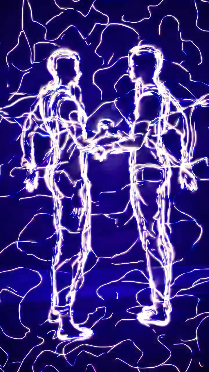 Figure umane astratte che si connettono con energia luminosa pulsante