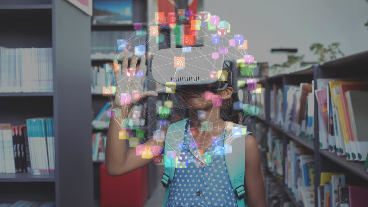 auriculares de realidad virtual e íconos de redes sociales sobre el niño en la biblioteca