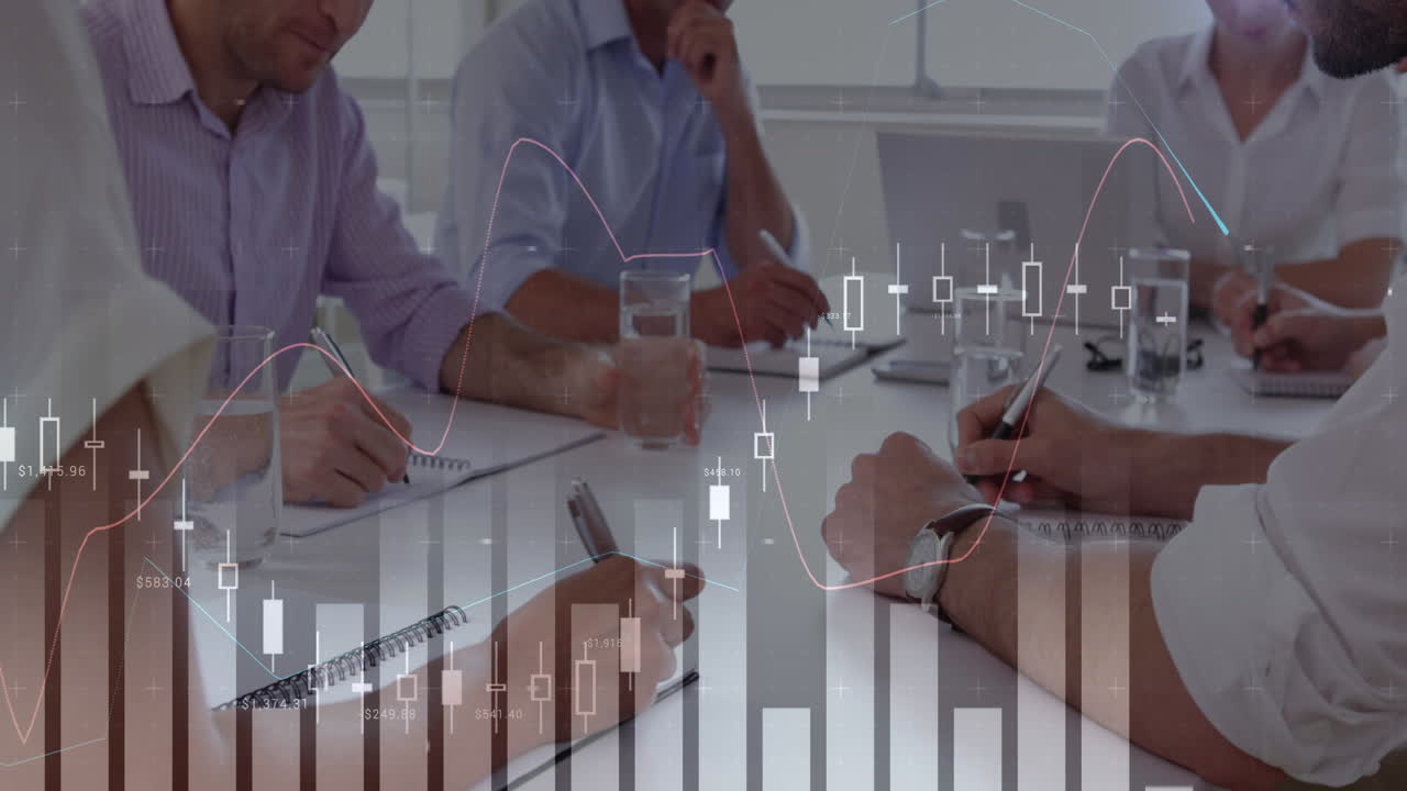 사무실에서 테이블 회의와 그래프