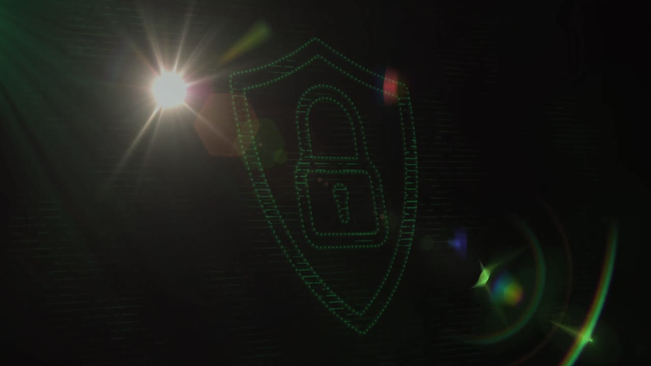 animación de escudo con candado digital en fondo negro