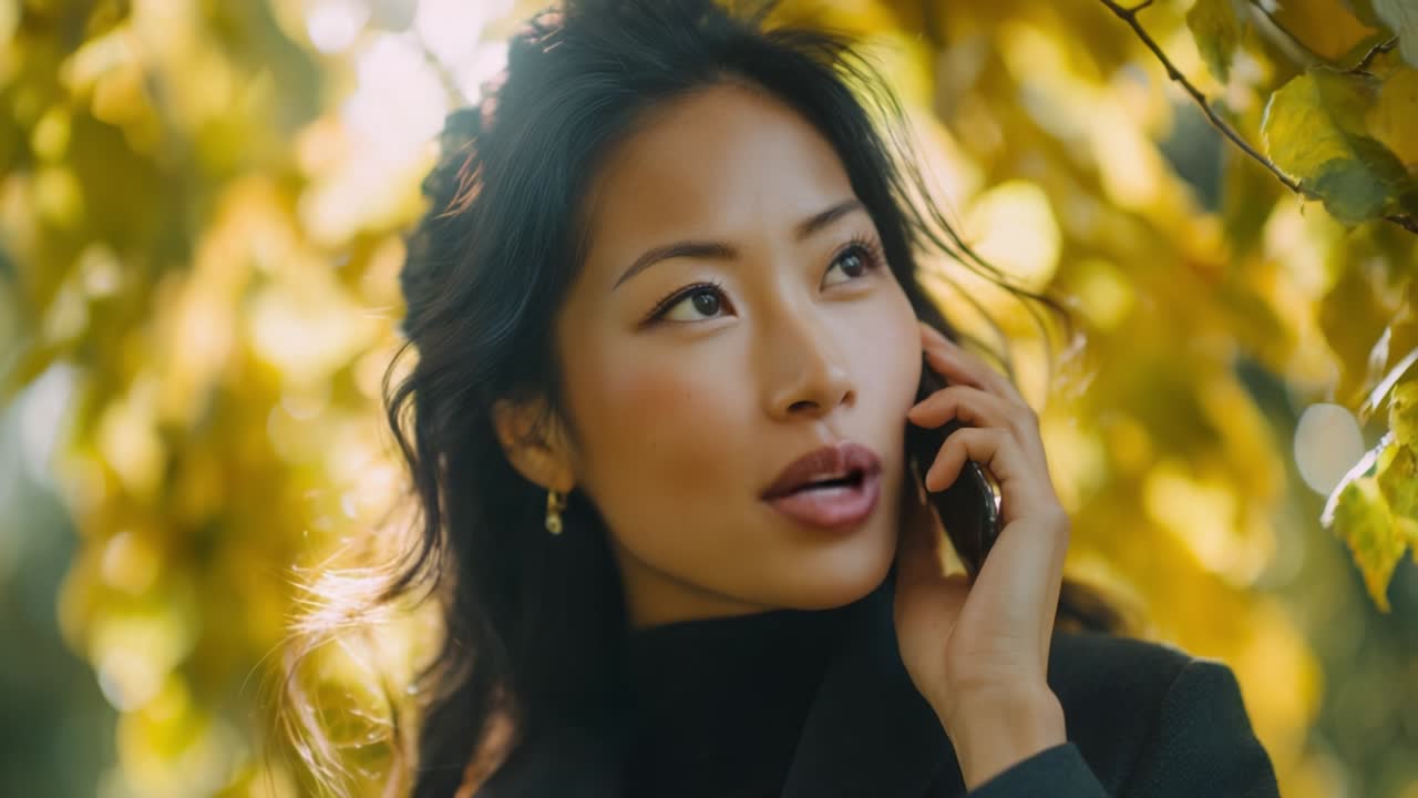 A beautiful young woman engages in a thoughtful phone conversation amidst a backdrop of vibrant autumn leaves, showcasing her elegance and connection to nature during a sunny day