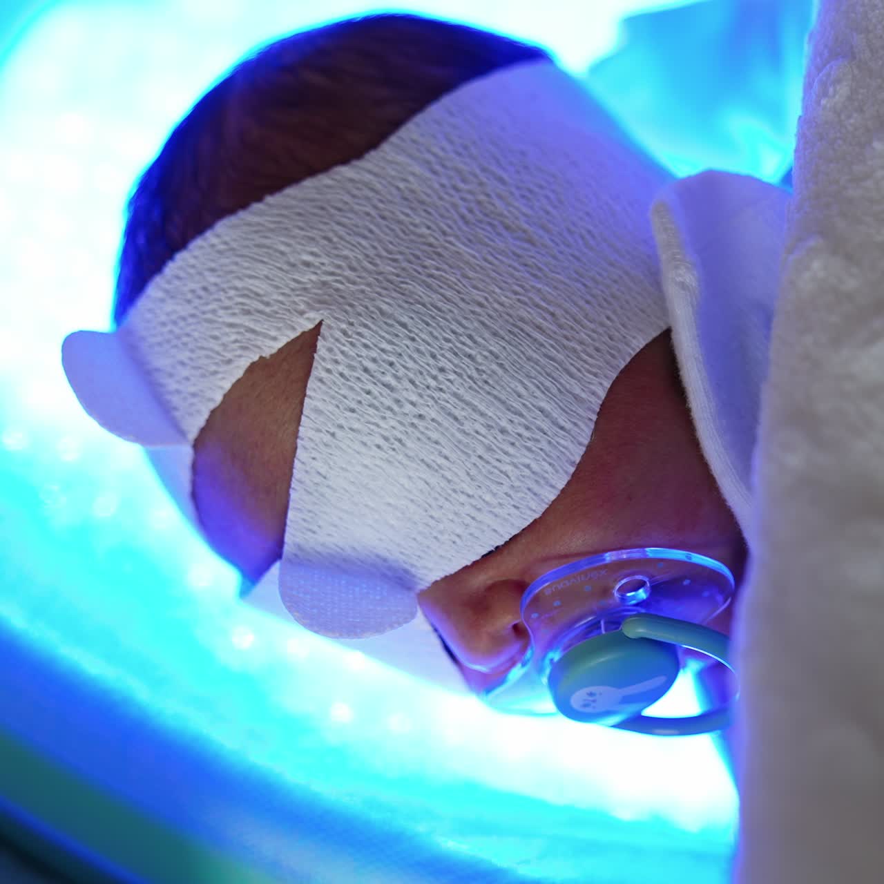 Little baby in a special eyes cover lies on the ultraviolet lamp. Child with pacifier undergoing treatment of childhood jaundice. Close up