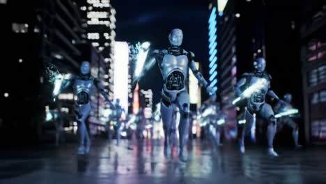 futuristic scene featuring advanced robots in a neon cityscape, running with illuminated weapons during nighttime adventure
