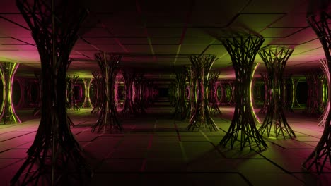 animación de video 4k de un bucle sin costuras entre hermosos pilares de ciencia ficción habitación con luces de colores brillantes.