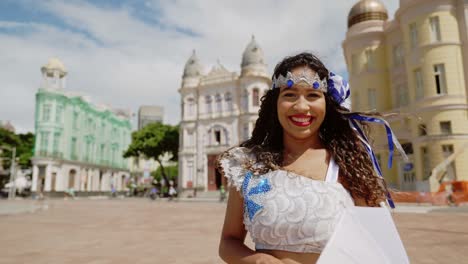 portrait of frevo dancer at the street carnival in recife, pernambuco, brazil.