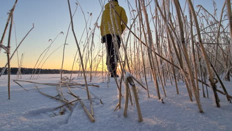 Mann-Zu-Fuß-Durch-Gefrorenes-Meeresschilf-Am-Arktischen-Strand-Bei-Wintersonnenaufgang,-Niedriger-Winkel