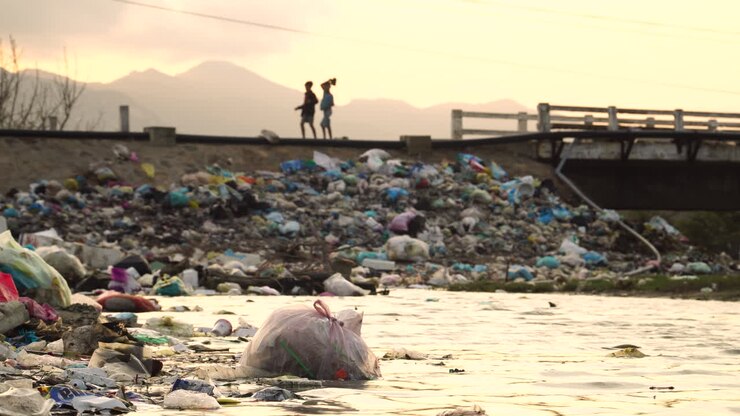 Silhouette of people walking over bridge with piles of rubbish on side slope in Vietnam