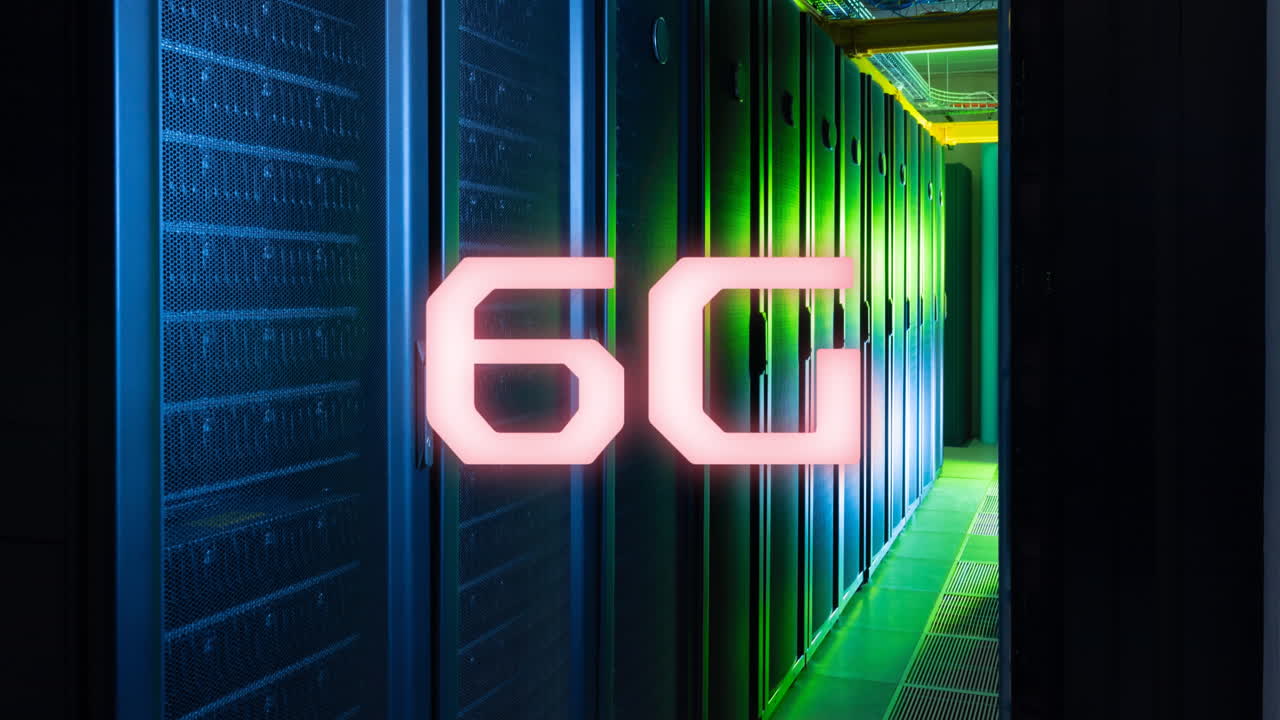 animación de texto 3d 6g sobre el sistema de servidor de datos en la sala de servidores