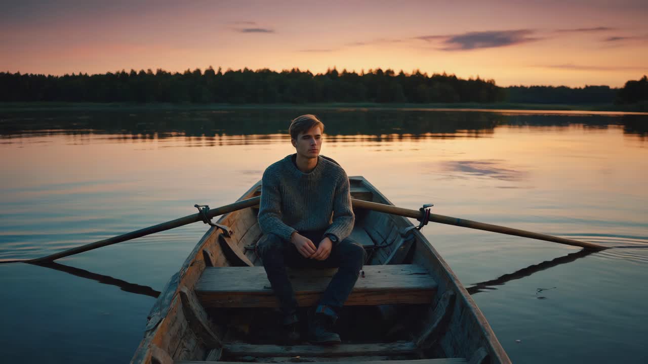 A man in a rowboat on a serene lake at sunset