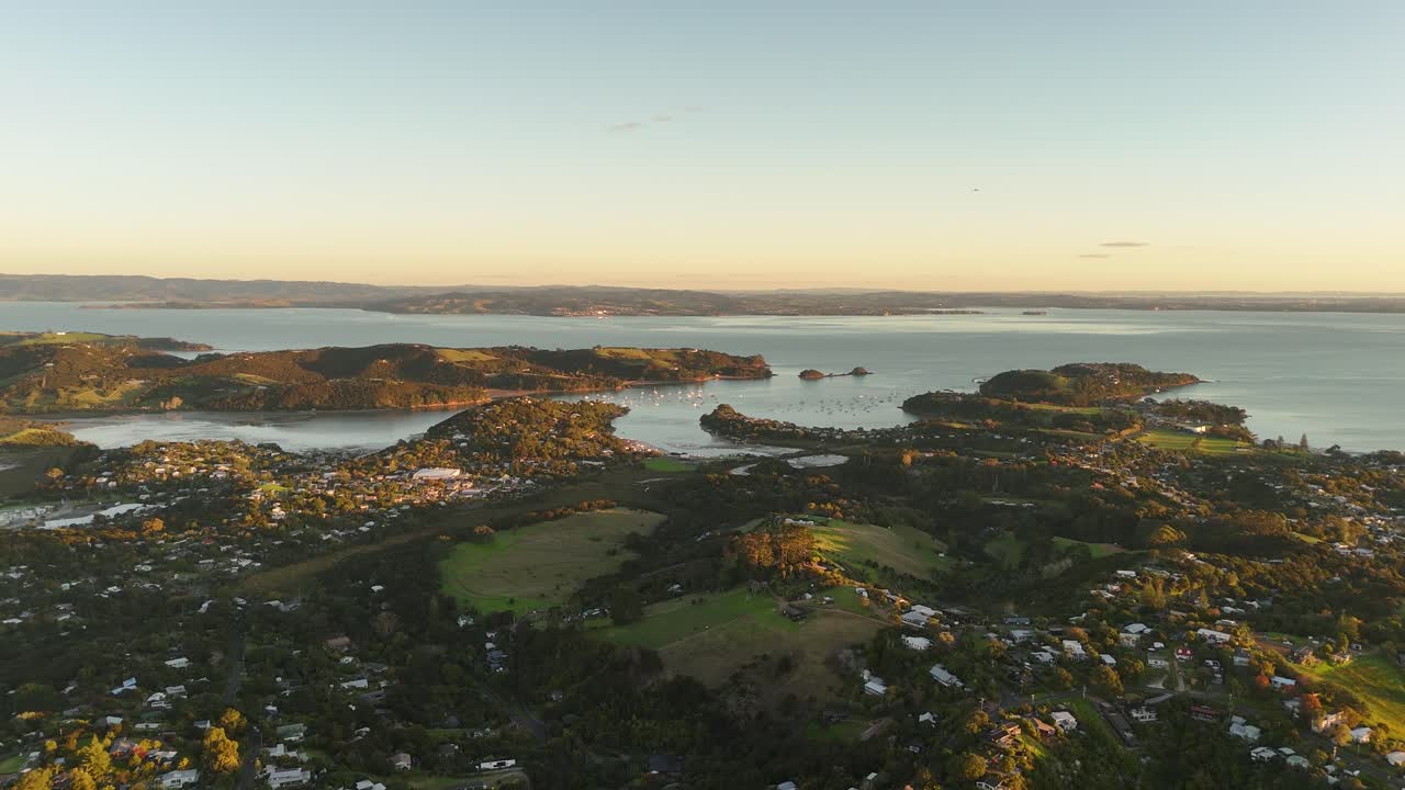 High panoramic view of Waiheke island during sunset.
