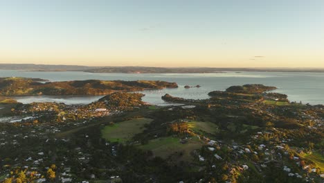 High panoramic view of Waiheke island during sunset.