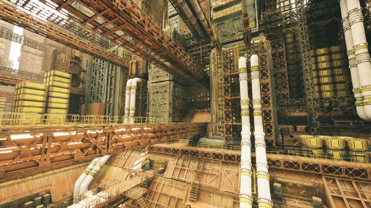 Scale e passaggi ricoperti di degrado tra le pacifiche reliquie di una fabbrica.