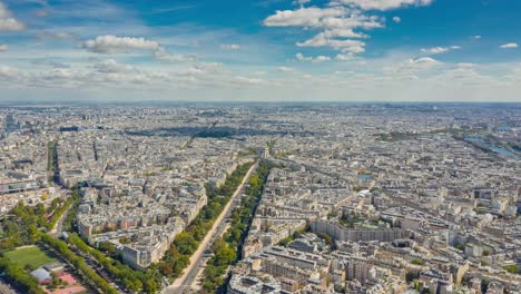 flight over paris cityscape sunny day famous triumph arch traffic street aerial timelapse panorama 4k france