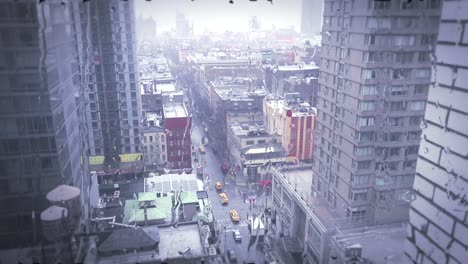 high angle over manhattan new york with heavy rain falling and rolling down windows