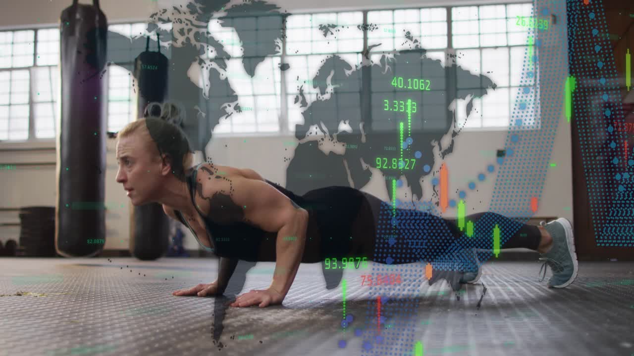 Woman starting plank and doing push-ups in gym, animated charts tracking progress across body