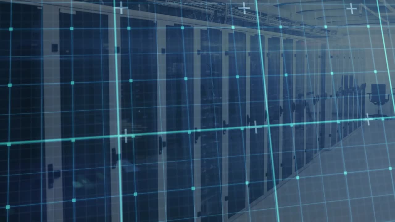 Playback starting, central server racks receiving shifting digital grid overlay mapping data flow