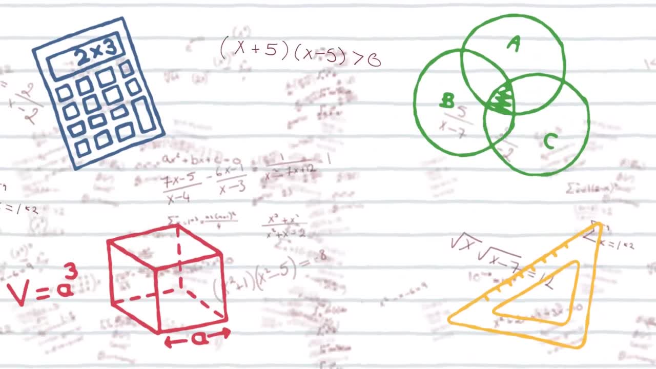 학교 개념 아이콘과  ⁇  줄로 된 종이에 있는 수학 방정식
