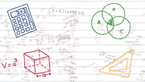 Schulkonzeptsymbole-Gegen-Mathematische-Gleichungen-Auf-Weißem-Liniertem-Papier