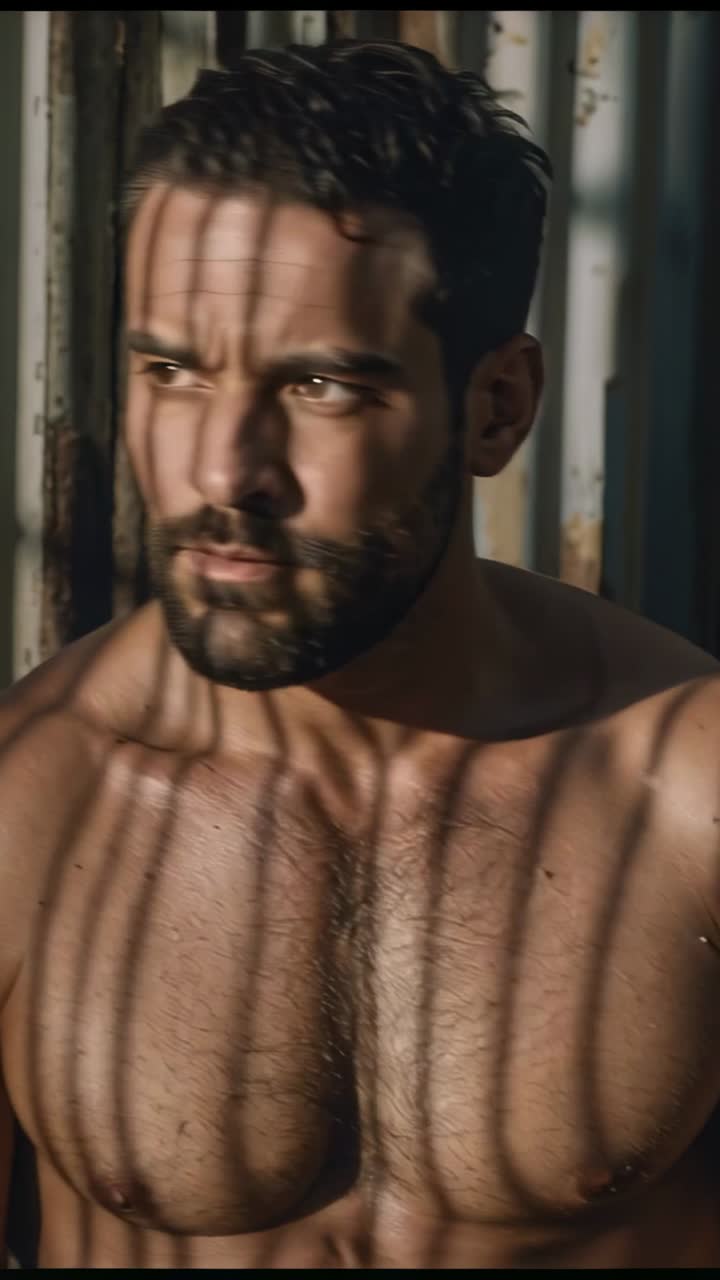 Video verticale: Uomo a torso nudo reagisce al cambiamento di luce, appoggiandosi a una parete ondulata, mostrando gli addominali.