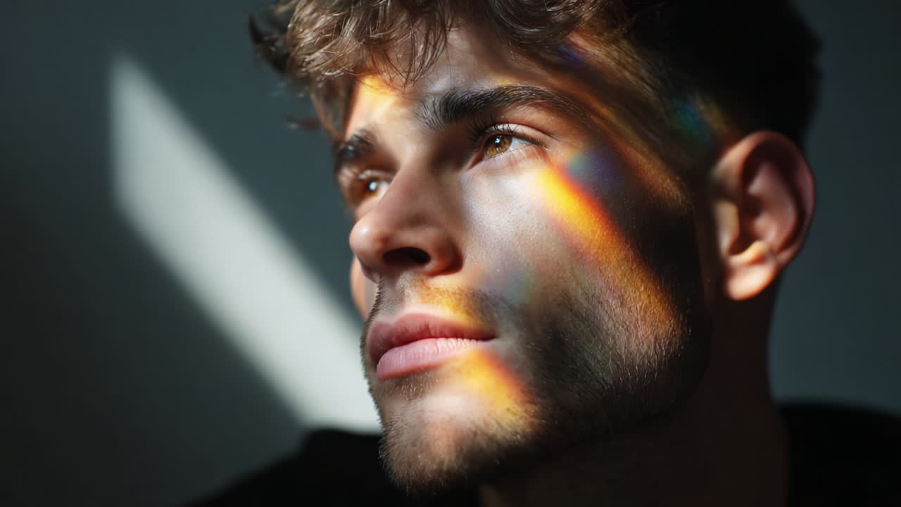 A Close-Up Portrait Capturing the Play of Light and Color on a Young Man's Face, Featuring Intriguing Rainbow Reflections and Soft Shadows Which Enhance His Facial Features and Expression