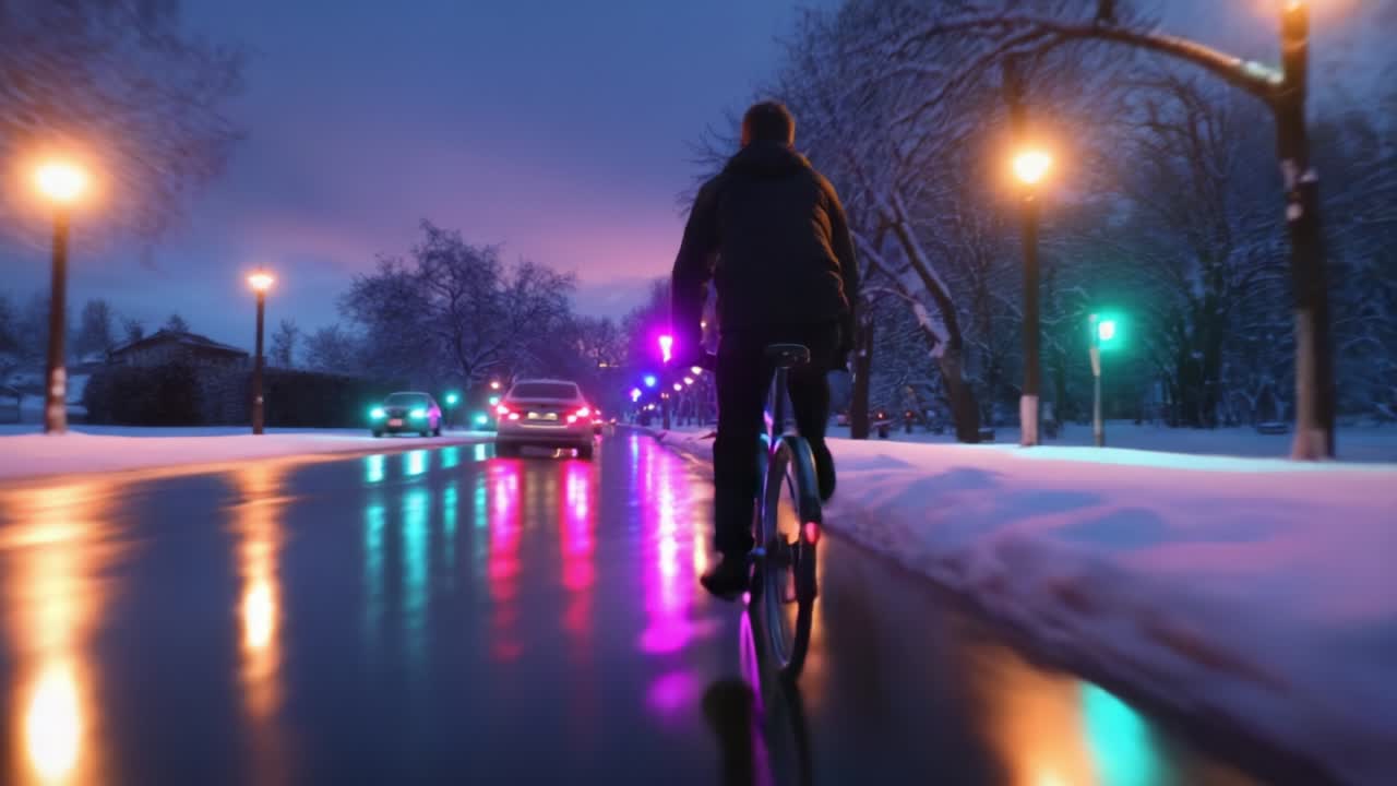 A cyclist rides through a vibrant winter scene, illuminated by colorful streetlights reflecting on wet pavements while surrounded by snowy trees and urban traffic in a serene evening setting
