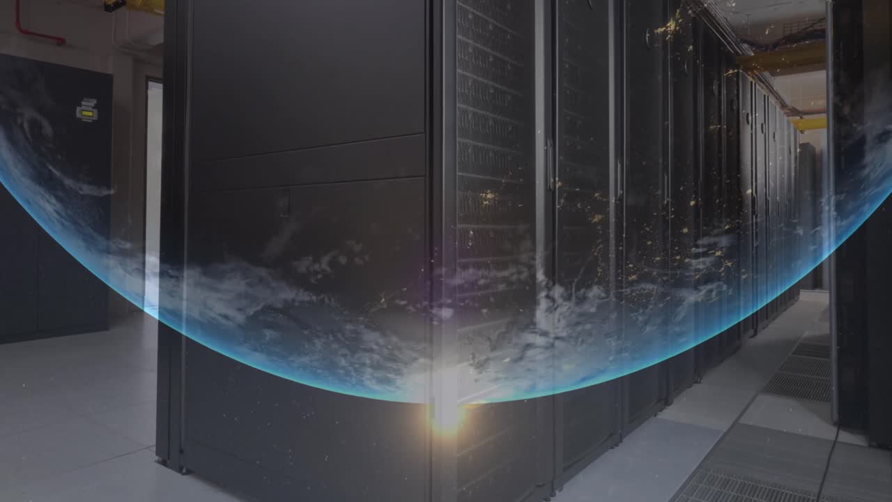 Animation of rotating globe and lens flare over server room in background