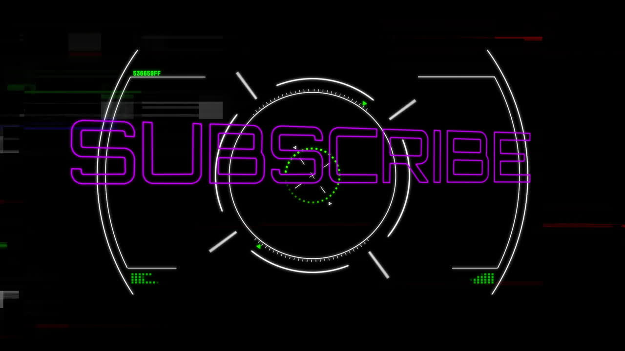 Futuristic circular interface with glitchy subscribe text animation in digital design