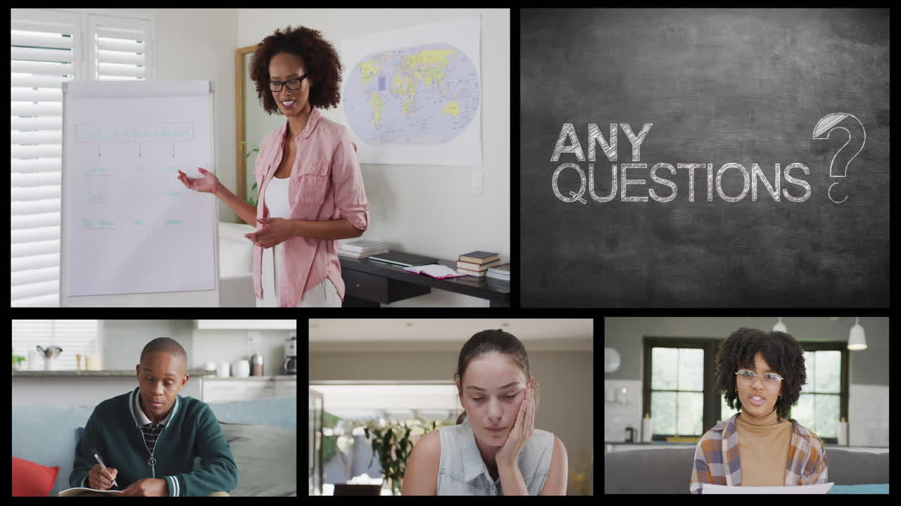 pantallas con llamadas en línea de diversas maestras, estudiantes y cualquier texto de preguntas