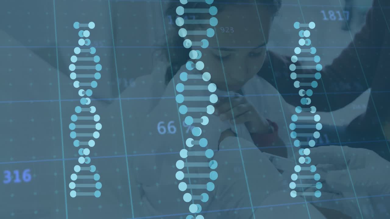 Animation of dna strands medical data processing, biracial mother with girl patient