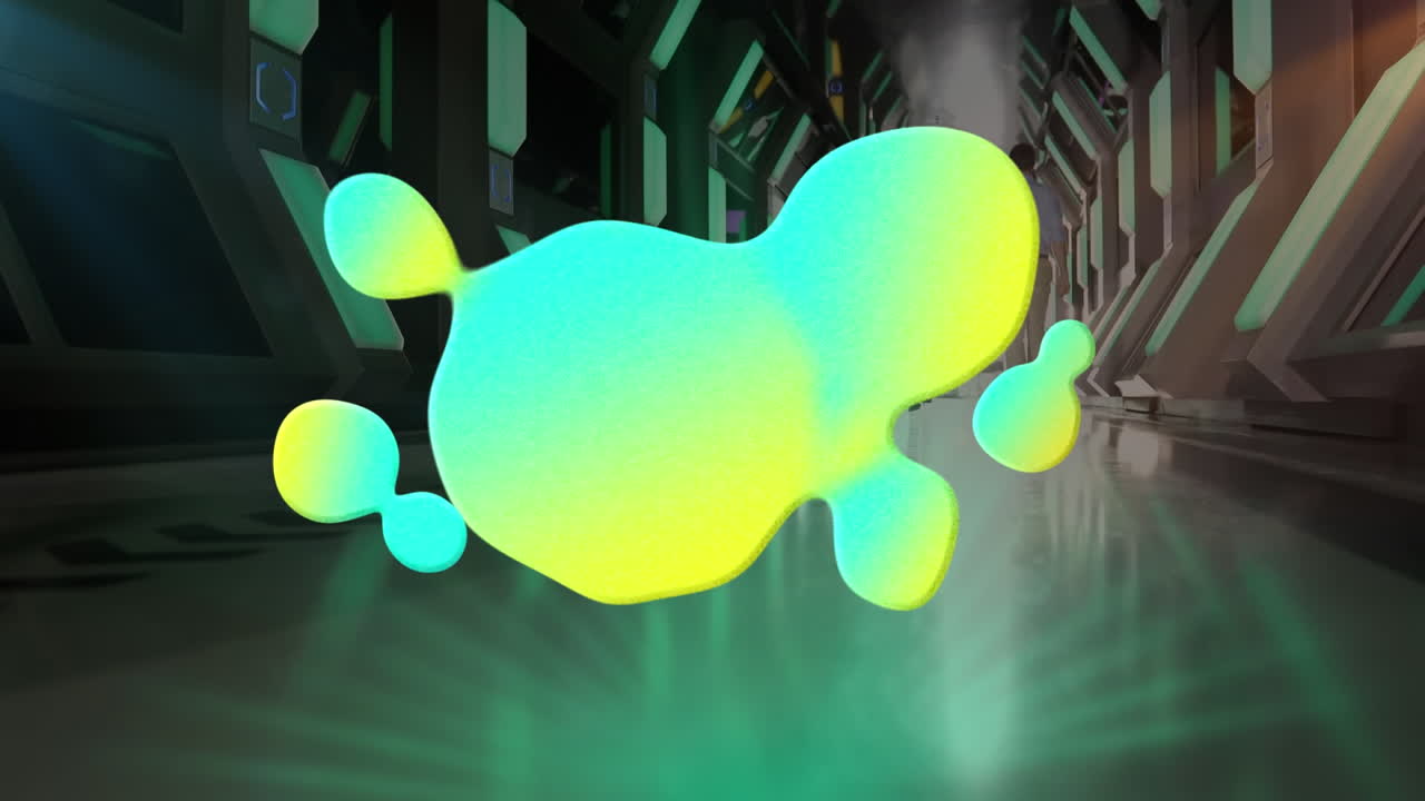 Green liquid texture abstract shapes against people walking in computer server room