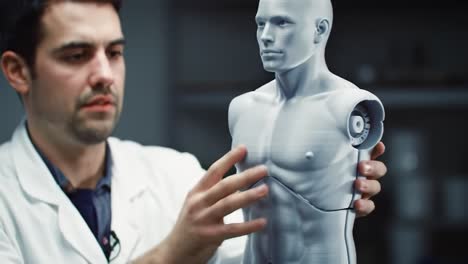 innovative robotics: expert engineer assembles advanced articulated human-like model with sophisticated mechanics in laboratory setting
