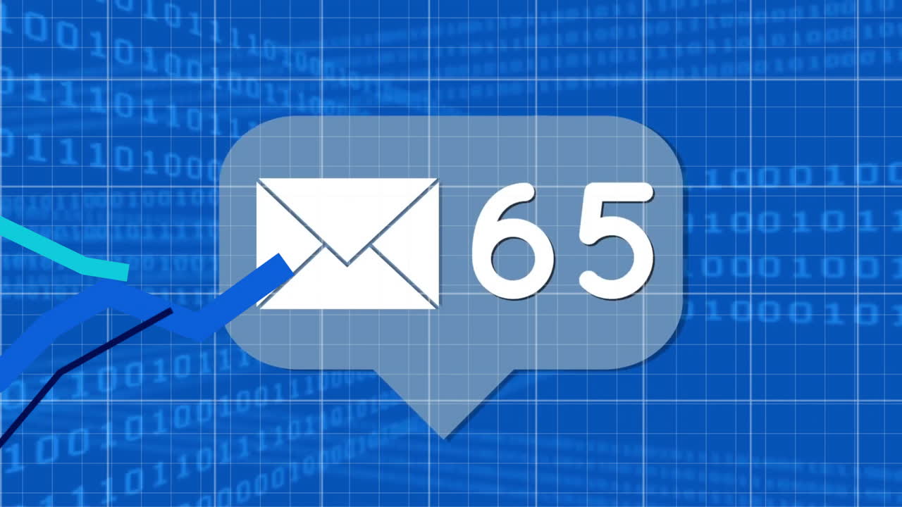 Animazione di icona email, elaborazione dati con codice binario su sfondo blu