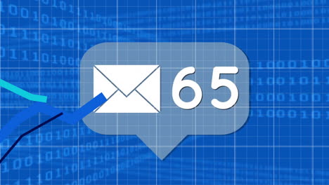 animation of email icon, binary coding data processing over blue background
