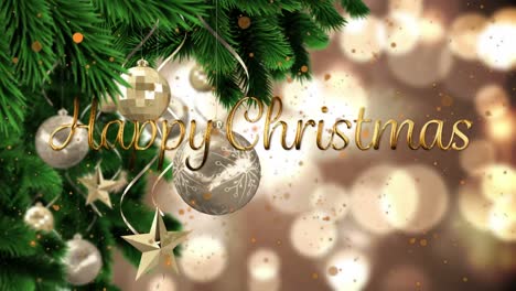 Animation-of-happy-christmas-over-baubles-and-tree-on-gold-background