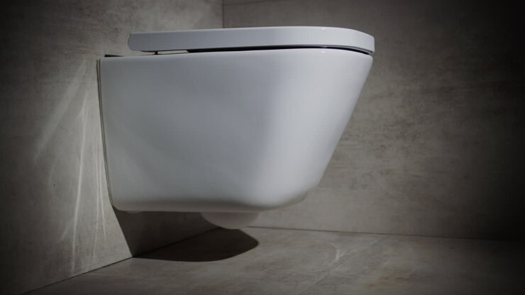 Cinematic shot of Stylish white toilet bowl in a modern toilet.