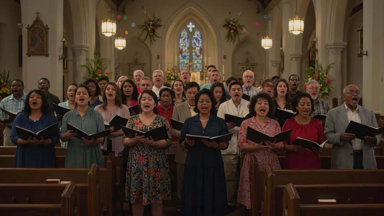 A Joyful Choir Performance in a Beautiful Church Setting, Showcasing Diverse Voices and Emotions as They Sing Harmoniously Together