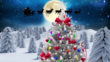 Animation-of-night-winter-landscape-with-snow,-santa-sleigh-and-christmas-trees