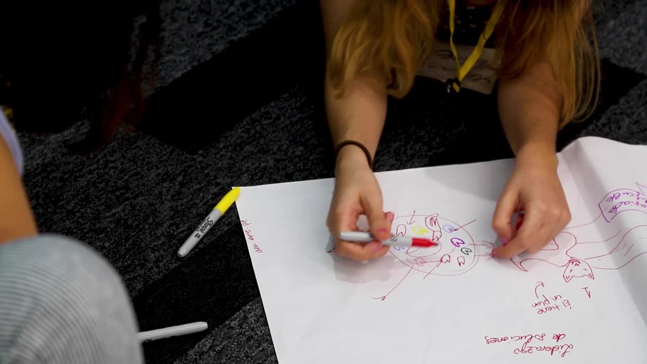 mujeres trabajando en el suelo, dibujando, riendo