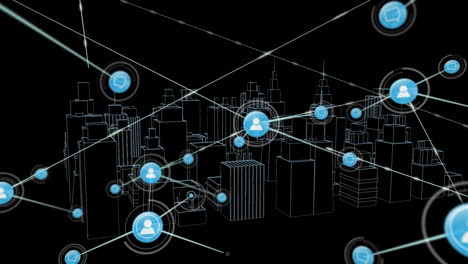 animation of networks of connections with icons over 3d city drawing spinning on black background